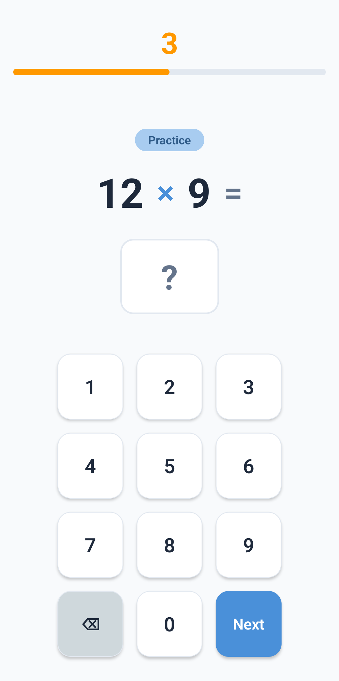 MTC Practice app showing a times tables question with number pad