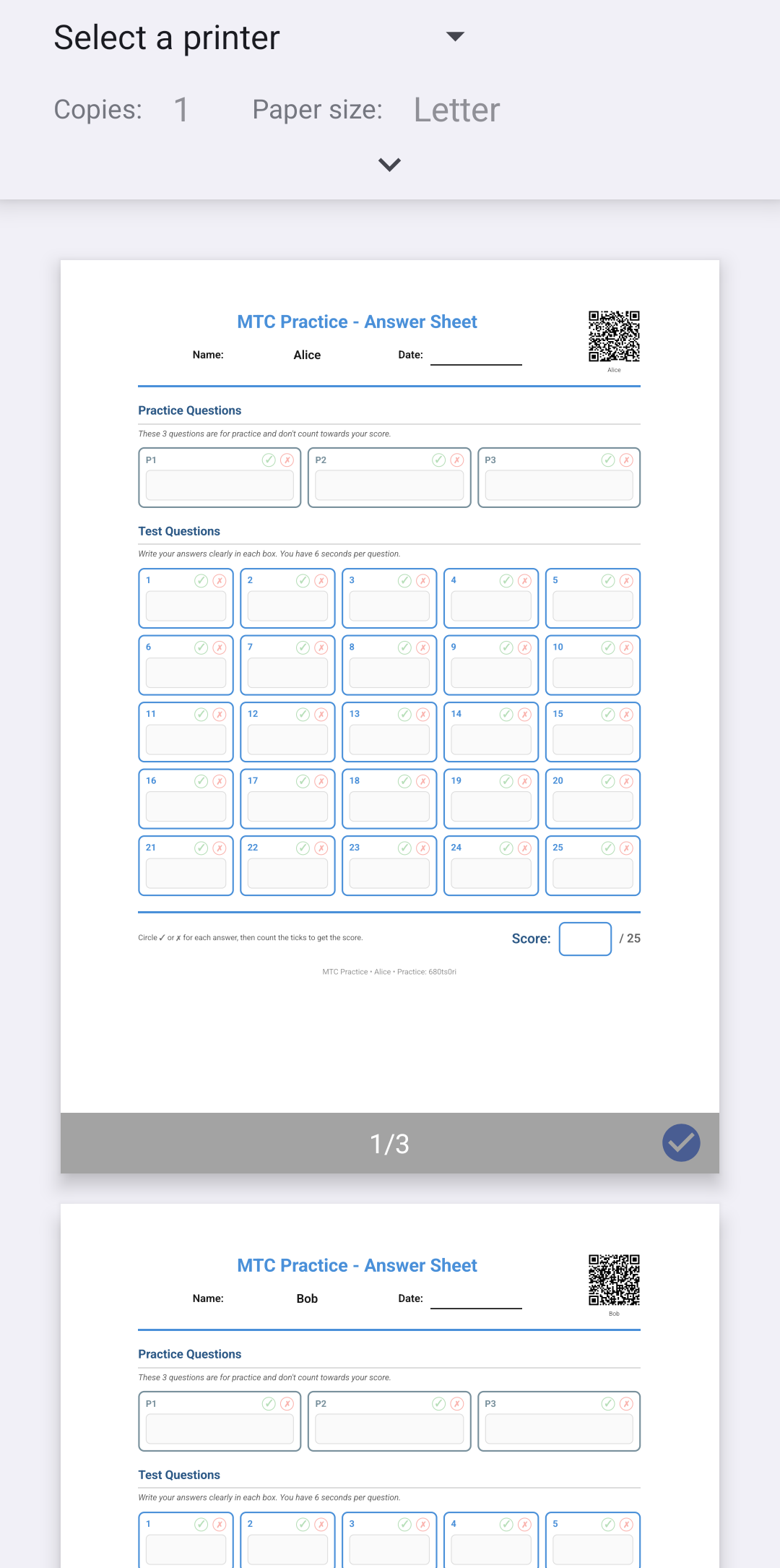 Printable answer sheets with QR code scanning