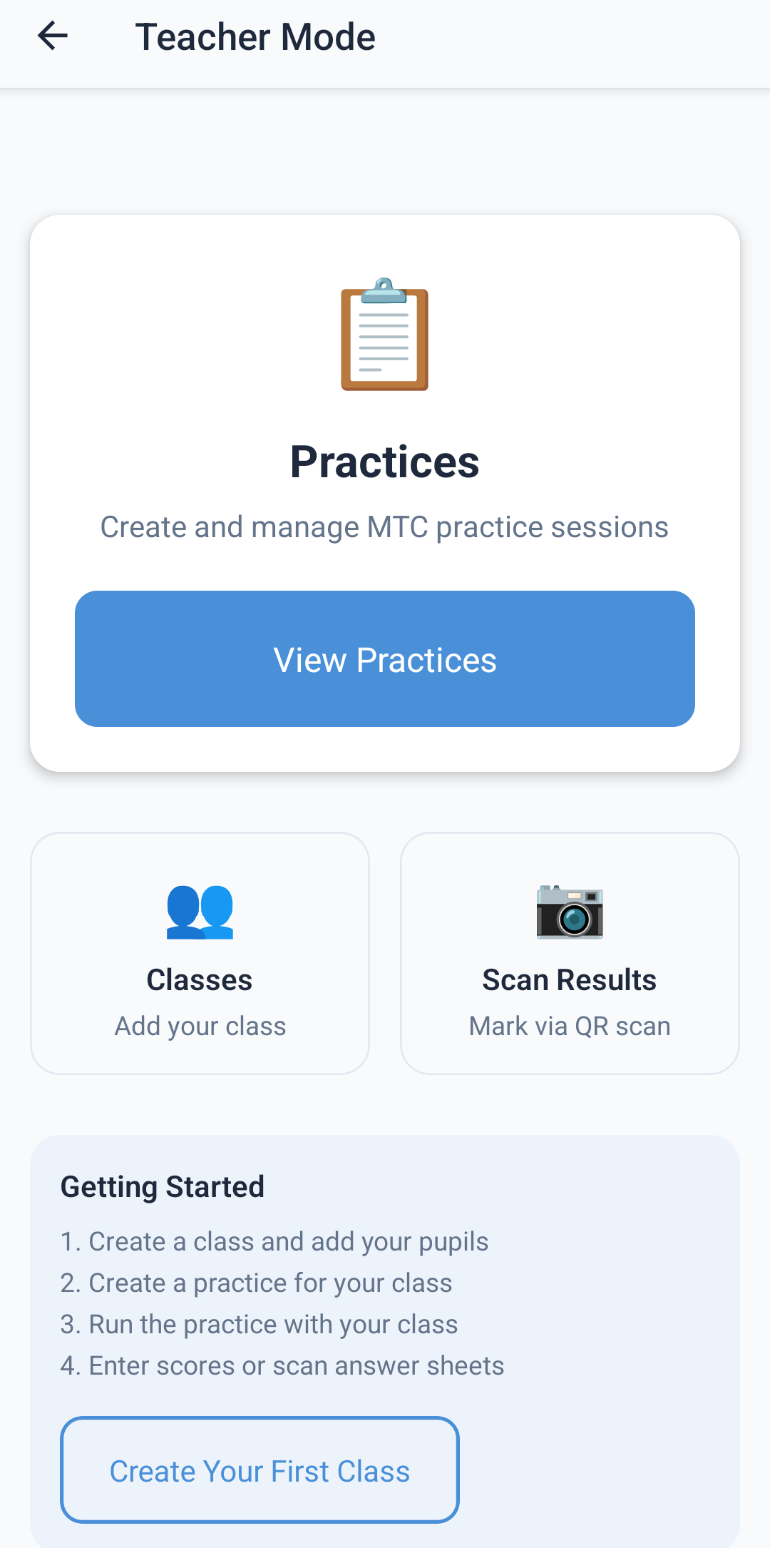 Teacher mode home screen with class management